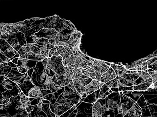 Vector road map of the city of Algiers in Algeria with white roads on a black background. - obrazy, fototapety, plakaty
