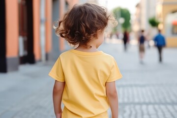 The Little Girl In Yellow Tshirt On The Street, Back View, Mockup