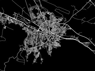 Vector road map of the city of Tebessa in Algeria with white roads on a black background.