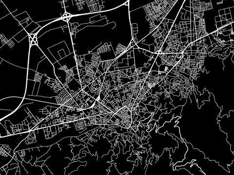 Vector road map of the city of Blida in Algeria with white roads on a black background.