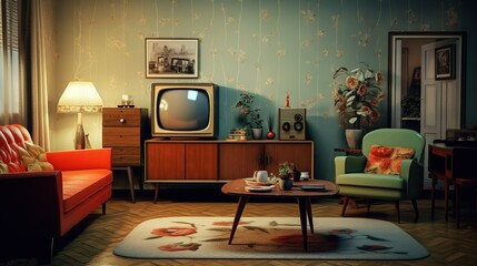 A nostalgic and detailed depiction of a retro living room with mid-century furniture and wallpaper patterns from the past