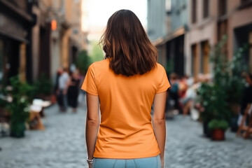 Woman In Orange Tshirt On The Street, Back View, Mockup