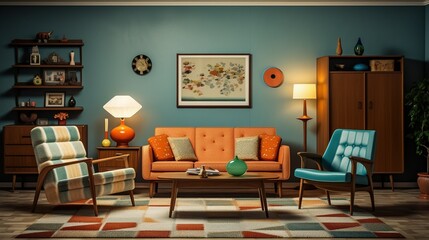 A nostalgic and detailed depiction of a retro living room with mid-century furniture and wallpaper patterns from the past