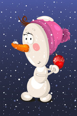 Vector cute snowman with Christmas ball on snow background. Beautiful charater for your christmas projects.