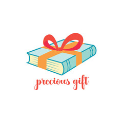 Vector illustration on the theme of book gift. Book wrapped in festive ribbon on white background