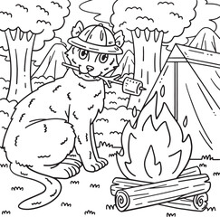 Camping Cat Roasting Marshmallows Coloring Page 
