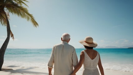 old couple holding hand  on the beach