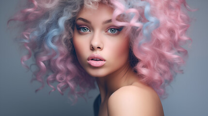Pastel Colored Hairstyle and Makeup Fashion Portrait. Elegant fashion model with pastel pink and blue curls and artistic eye makeup in a sophisticated studio shot. - obrazy, fototapety, plakaty