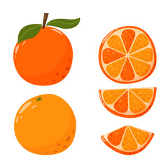 Orange fruit collection in flat hand drawn style, vector illustration set. Orange slices and whole fruit, graphic design elements. Cartoon vitamin juice ingredients.