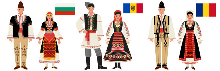 flags and costumes of the countries of South-Eastern Europe - obrazy, fototapety, plakaty