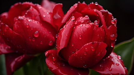 red tulip with water drops, Red rose with water drops flower under the rain spring heyday