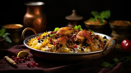 Spicy chicken biryani cuisine in a shiny silver bowl, authentic Indian food, serving fancy food in a restaurant. - obrazy, fototapety, plakaty