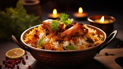 Spicy chicken biryani cuisine in a shiny silver bowl, authentic Indian food, serving fancy food in a restaurant. - obrazy, fototapety, plakaty