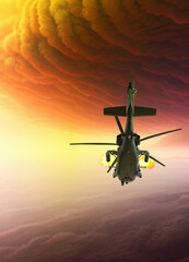 Military helicopter in storm cloud firing guns.
