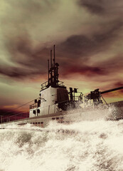 Submarine cutting through the ocean surface.