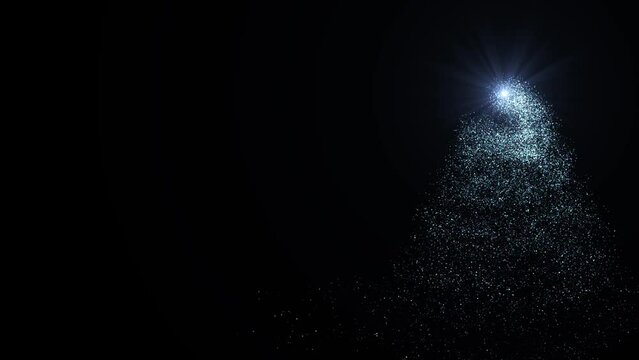 A bright light source draws a Christmas tree made of blue particles on a dark background. Animation for Christmas holiday .Use the add overlay module to make the background transparent.