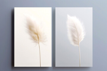 White two book blank cover mockup on a pastel blue background with white feather, mockup. Book cover Mockup template  