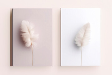 White two book blank cover mockup on a pastel pink background with white feather, mockup