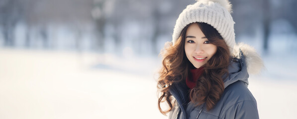 Portrait of a cheerful beautiful young woman in warm clothes. Outdoor. Winter snowing weather. Smiling and calm. Banner with place for text. Urban snowing winter fashion concept. Generative Ai content