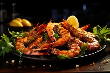 A platter of freshly grilled king shrimps with lemon. Serving fancy seafood in a restaurant.