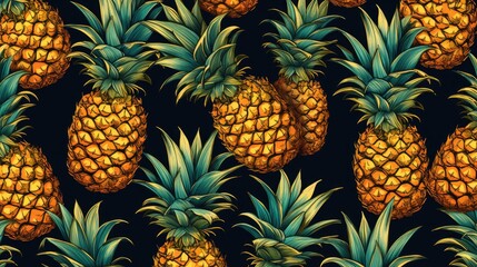 Pineapples on a bright black background. Summer concept. View from above. - obrazy, fototapety, plakaty