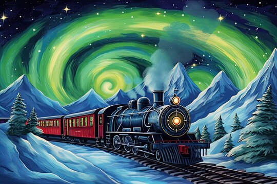 Christmas train drives through North Pole. 1800s steam locomotive in winter Landscape. Generative AI