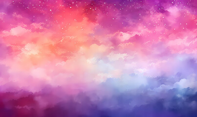 A Colorful Sky With Stars, Painting with pink blue and red gradient background.