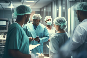 Obraz premium Medical professionals discussing patient care in hospital. Healthcare and teamwork.