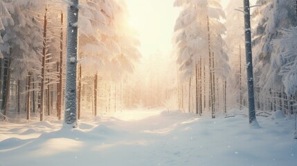 A serene snowy forest scene with realistic snow-covered trees and a soft, diffused light creating a cozy atmosphere