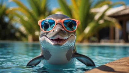 Schilderijen op glas Cute funny cartoon dolphin wearing sunglasses © tanya78