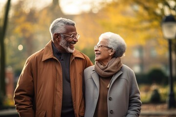 Senior couple enjoying autumn walk together. Elderly companionship and leisure.