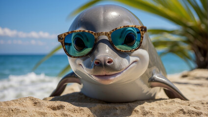 Cute funny cartoon dolphin wearing sunglasses