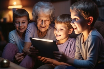 Elderly woman and grandchildren enjoying digital tablet at home. Family bonding.
