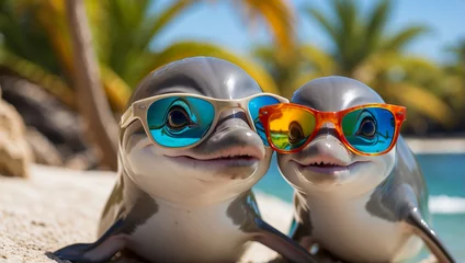 Schilderijen op glas Cute funny cartoon dolphin wearing sunglasses © tanya78