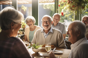 Senior friends enjoying meal together at outdoor restaurant. Friendship and retirement.