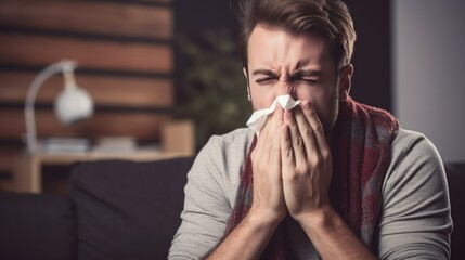 Young man sitting on sofa at home and blows his nose into a napkin - obrazy, fototapety, plakaty