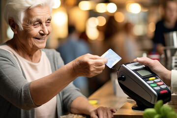 Senior woman paying with credit card at cafe. Modern technology and retirement.