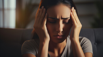 Obraz premium A young woman sitting on the sofa tiredly and holds his head with hand. Woman suffering from a headache