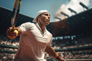 Professional tennis player executing powerful serve at stadium. Sports and determination. - obrazy, fototapety, plakaty