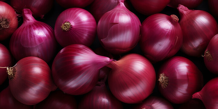 red onions ,fresh red onions close up frame background wallpaper ,Full Frame Shot Of Purple Onions. Fresh whole purple onions and one sliced onion.  Generative ai
