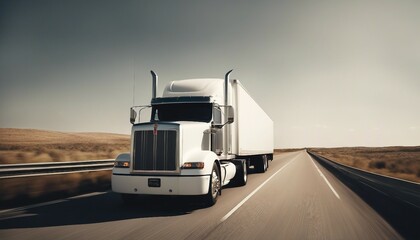 Obraz premium A white truck with a white blank empty trailer moving at on highway