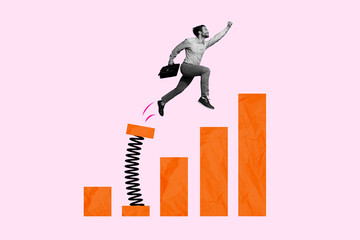 Creative picture image collage banner of guy worker jump from financial charts determined company...
