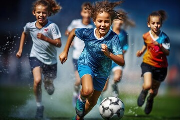 Young female soccer players chasing ball during game. Youth sports and teamwork. - Powered by Adobe