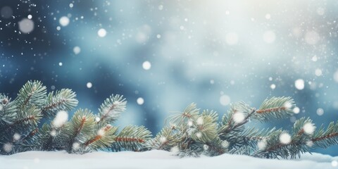 Fototapeta na wymiar Winter Season with Pine Tree Branches Covered in Snow Caps - Festive Atmosphere with Snowflakes and Bokeh Glitter Lights - Ideal for Mock-Up or Christmas and New Year Backgrounds