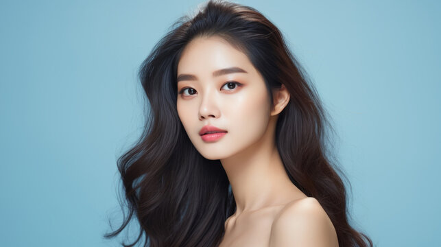 Young asian girl with perfect skin on blue background. Female Skin care editorial. Asian beauty portrait. 