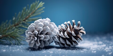 Winter Elegance - Two Pine Cones Covered with Snow on a Blue Background - Capturing the Tranquil Beauty of Nature's Winter Palette
