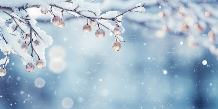 Snowy Background with White Serenity - Tree Branch Covered in Snow Creating a Magical Scene - Capturing the Tranquil Beauty of the Winter Holiday