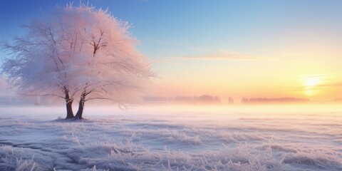 Frosty Morning Sunrise Background with Ample Empty Space for Text - Winter's Gentle Glow - Creating a Tranquil Atmosphere for Messaging or Design