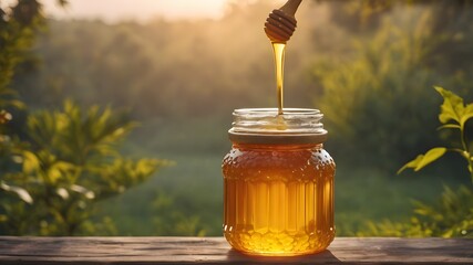 Sweet honey jar surrounded spring acacia blossoms. Honey flows from a spoon in a jar. Sunny light, shallow depth of the field. - obrazy, fototapety, plakaty