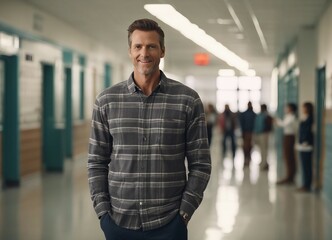 Fototapeta premium portrait of young male elementary school teacher in school hallway, students blurred in background